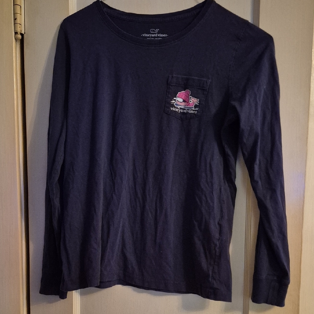 Vineyard Vines Navy Long-Sleeve Pocket Tee with Pink Whale Patch Adult Size S